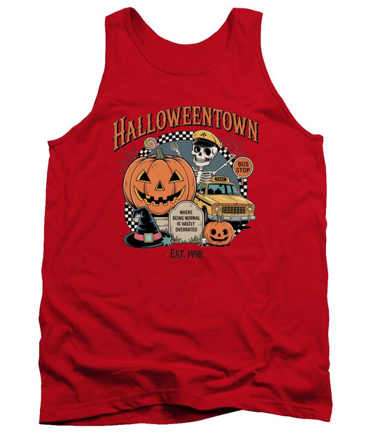Red tank top with crew neck; HalloweenTown graphic with bus, skull and pumpkins