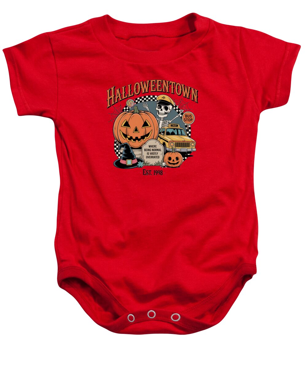 Baby short-sleeve onesie in red with Halloween town graphic and snap button legs