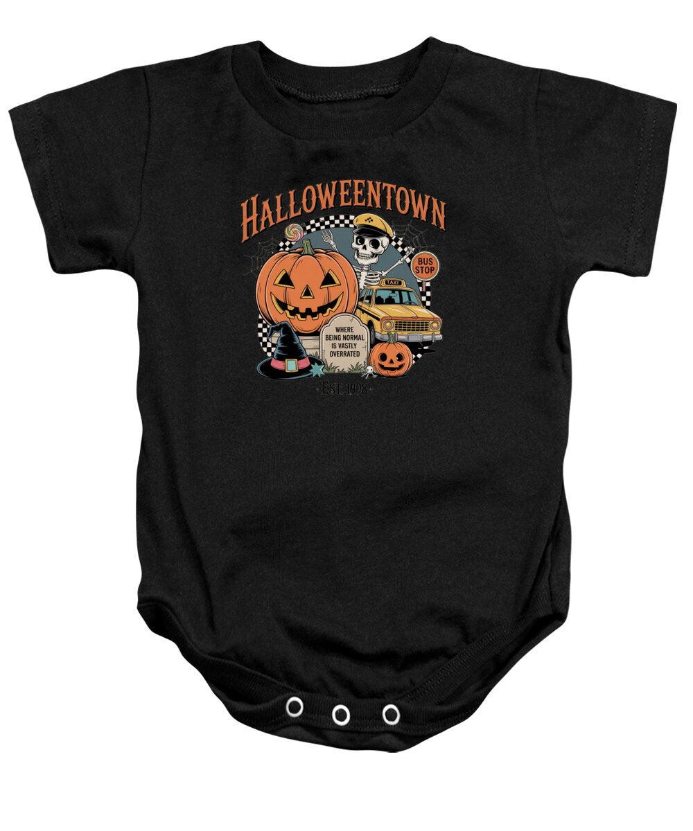 Baby short-sleeve onesie in black with Halloween town graphic and snap button legs