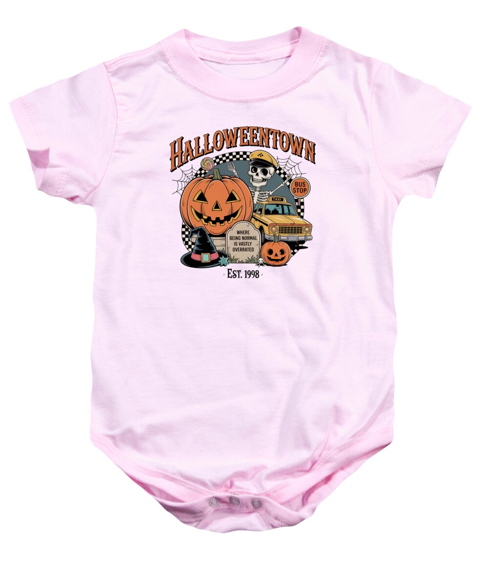 Pink baby onesie with short sleeves and Halloween Town graphic front