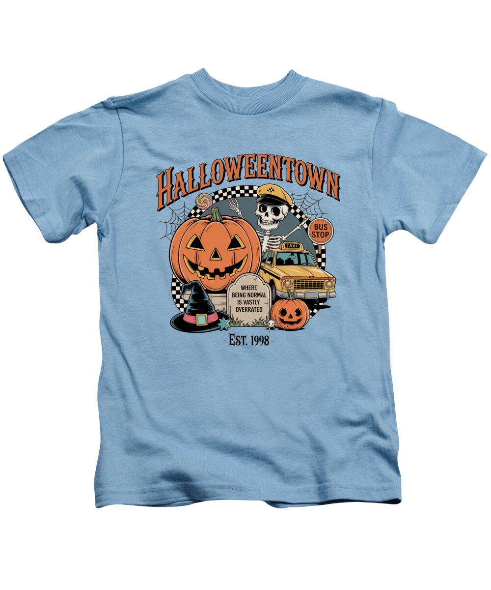 Kids Halloween graphic T-shirt in pale blue with crew neck and pumpkin taxi stop front print