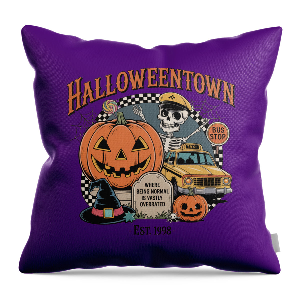 Purple throw pillow with Halloween Town Taxi Stop design, skeleton, pumpkin, taxi bus, and Est. 1998