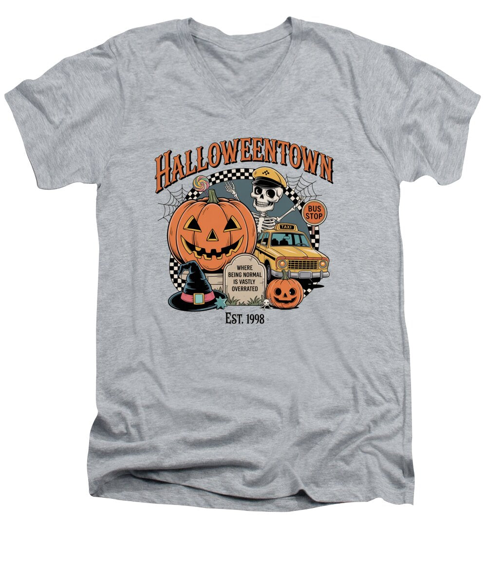 Men's V-neck T-shirt, heather gray, front Halloween Town graphic with pumpkin and taxi