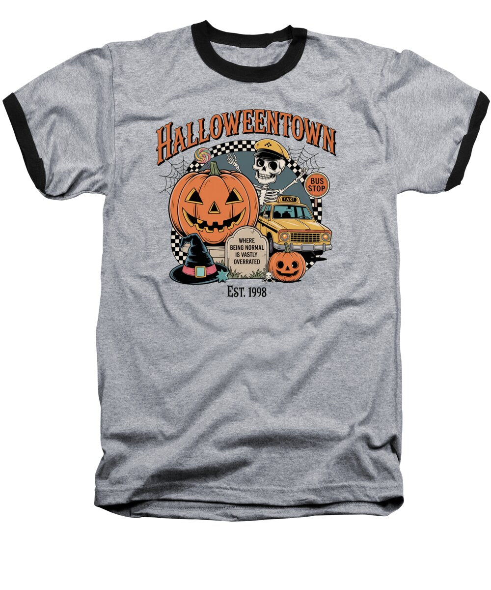 Heather baseball T-shirt with black raglan sleeves and Halloween-themed graphic front