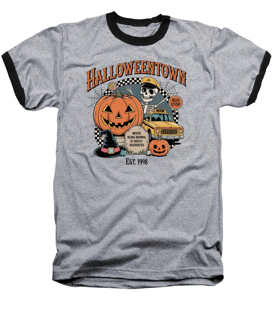 Heather baseball T-shirt with black raglan sleeves and Halloween-themed graphic front