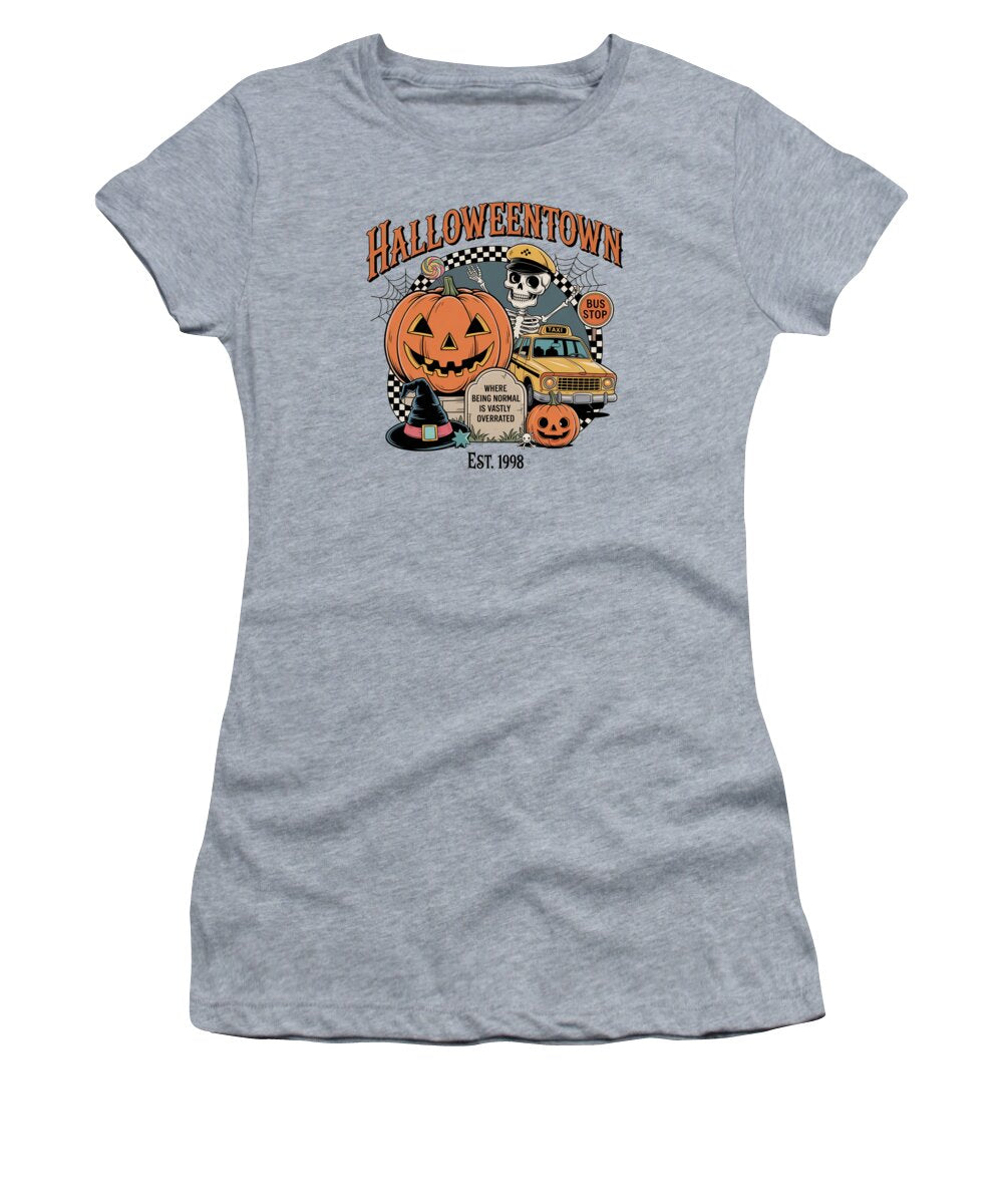 Women’s heather gray t-shirt with Halloween Town graphic and pumpkin taxi stop logo