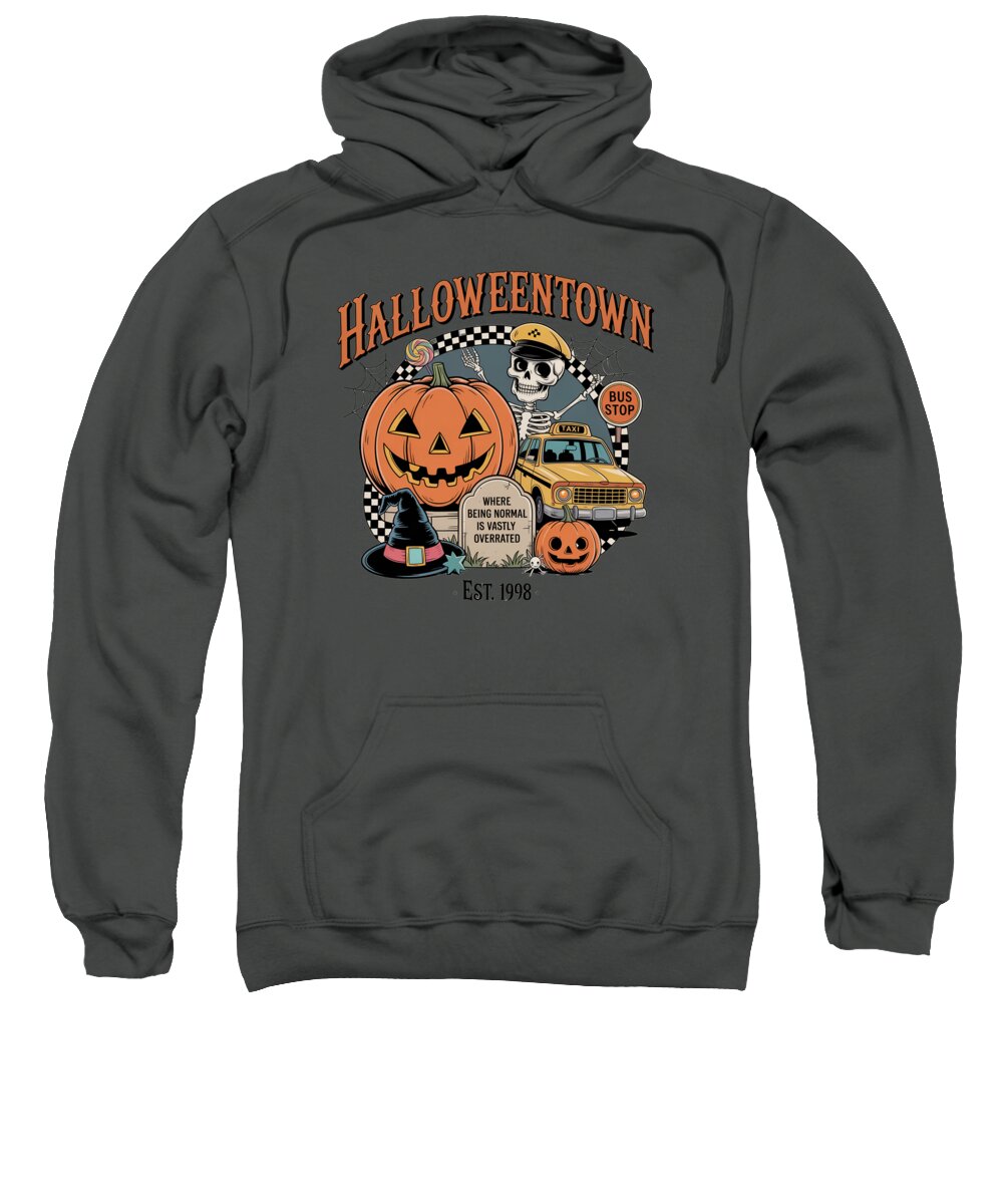 Charcoal hoodie sweatshirt with Halloween Town graphic on front