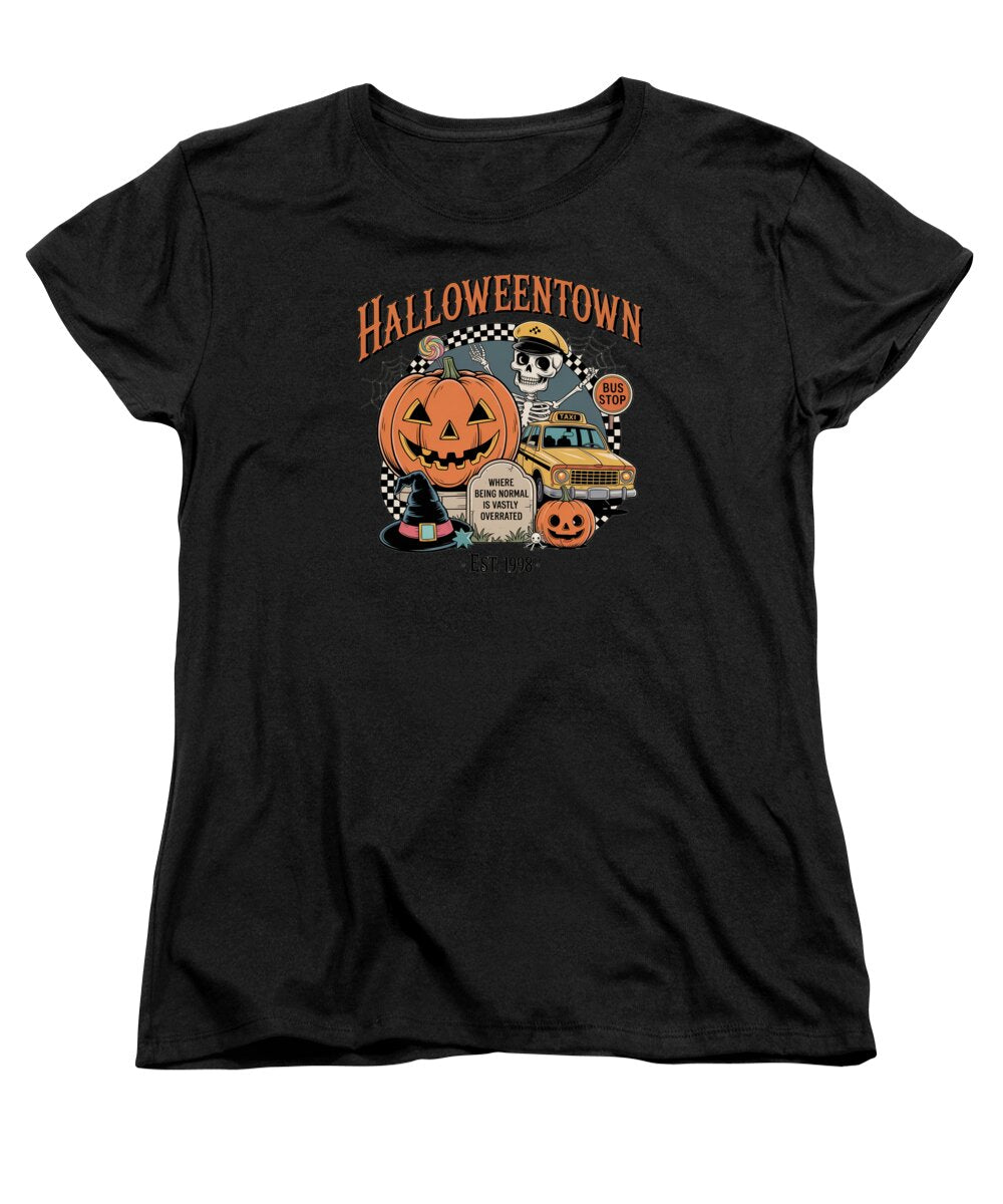 Women's black T-shirt with Halloween Town graphic: jack-o'-lantern and taxi.