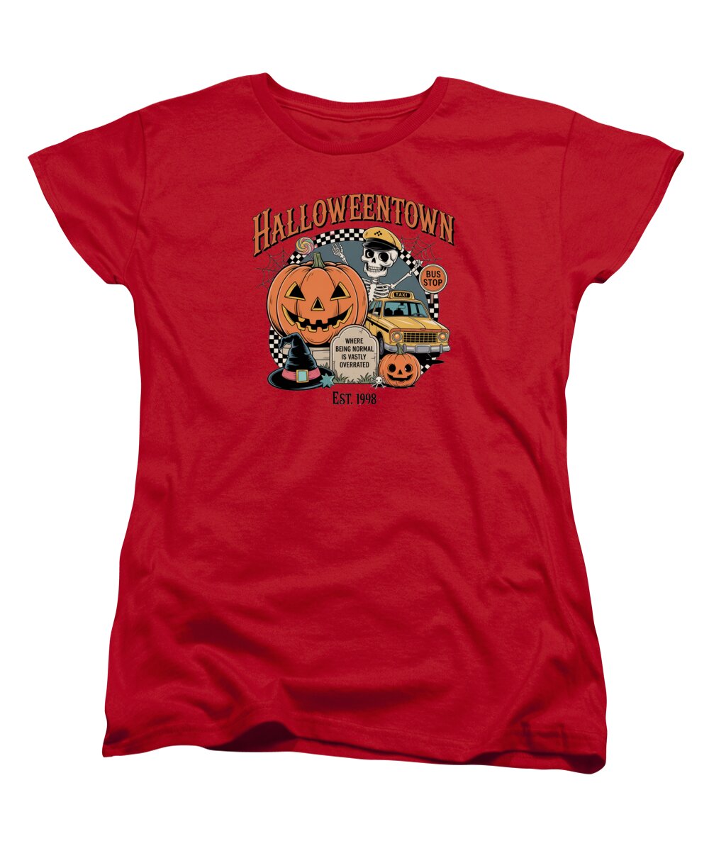 Women's red T-shirt with Halloween Town graphic: jack-o'-lantern and taxi.