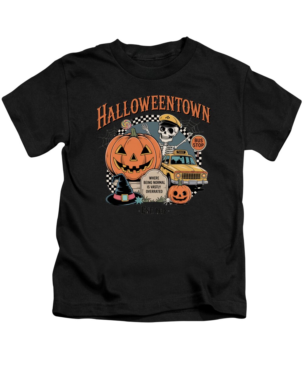 Kids Halloween graphic T-shirt in black with crew neck and pumpkin taxi stop front print