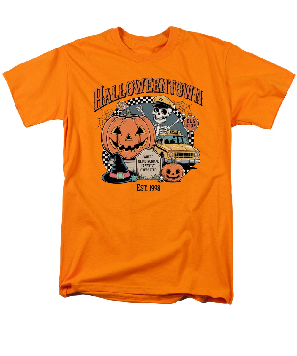 Men's orange T-shirt with Halloween Town graphic of pumpkin, bus, and ghost