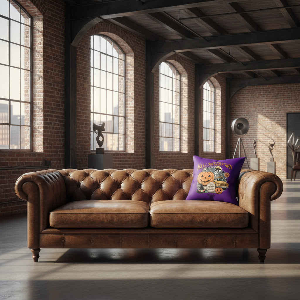 Purple throw pillow with Halloween Town Taxi Stop graphic, skull, pumpkin bus and Est. 1998