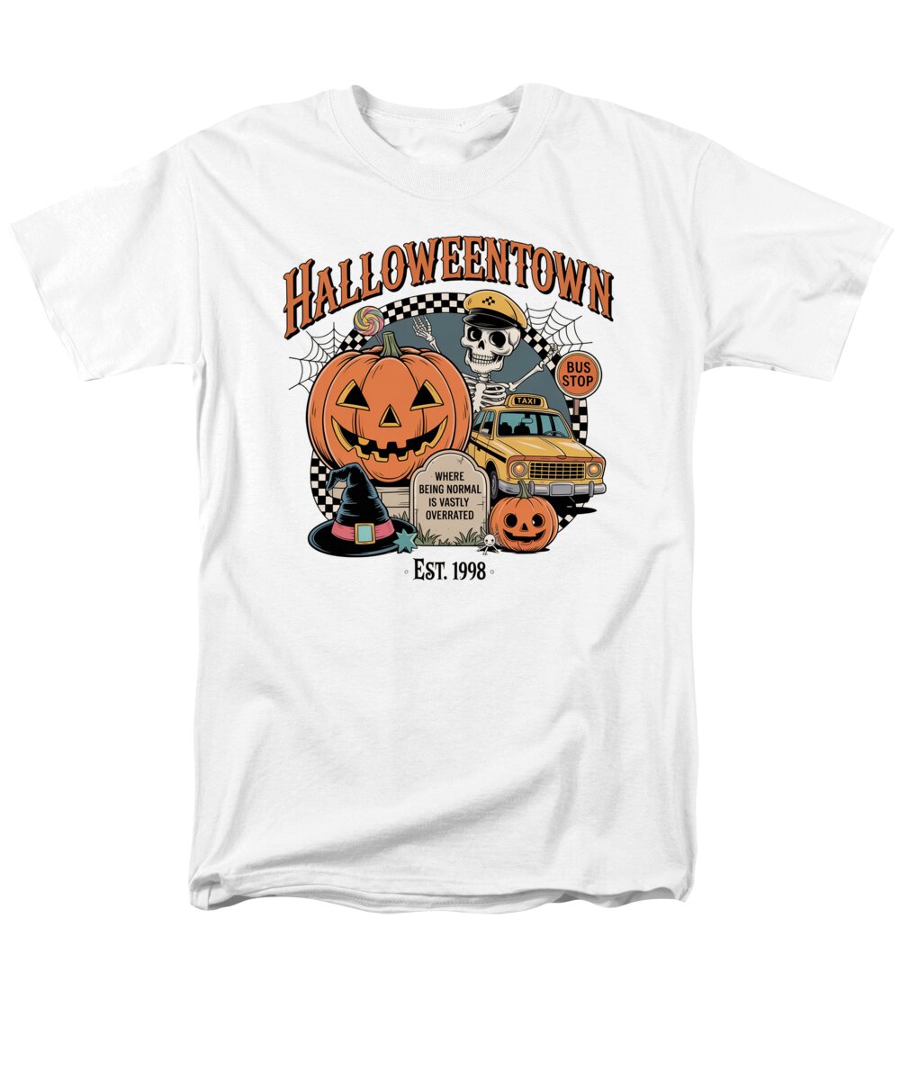 Men's white graphic T-shirt with Halloween town text, pumpkin, and bus stop illustration