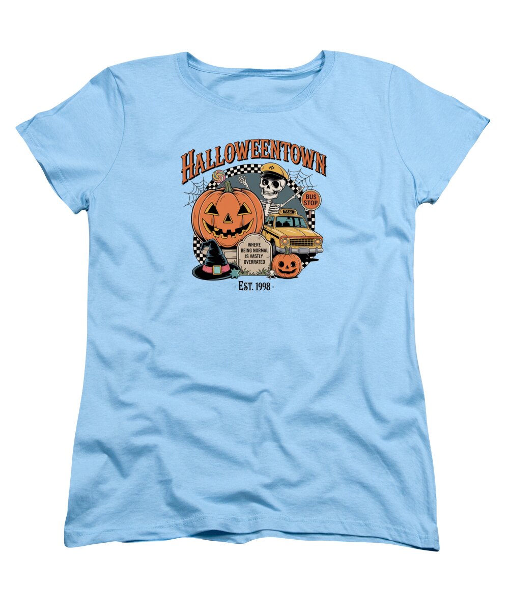 Women's light blue T-shirt with Halloween Town graphic: jack-o'-lantern and taxi.