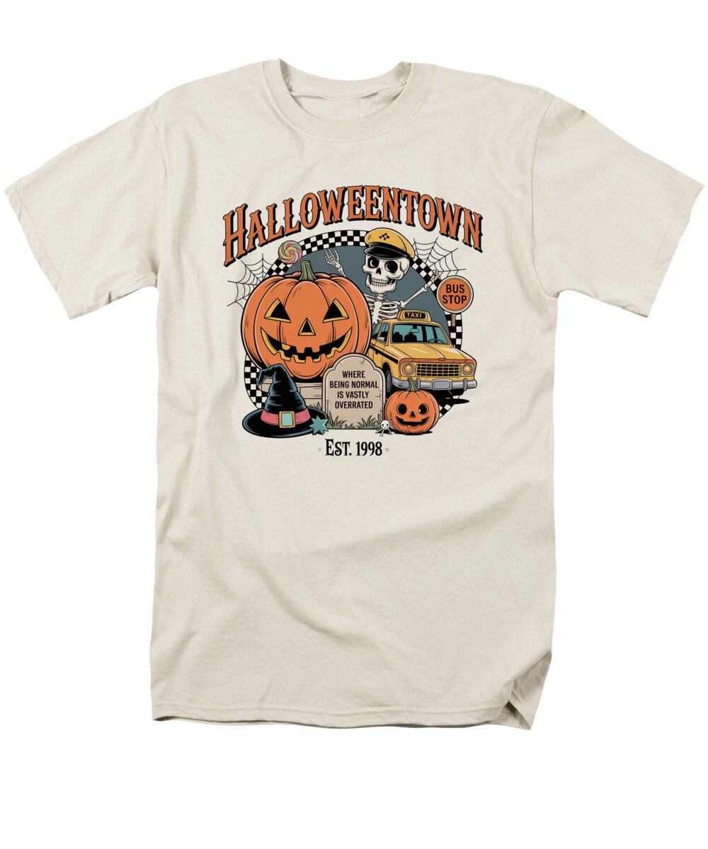 Men's cream T-shirt with Halloween Town graphic of pumpkin, bus, and ghost