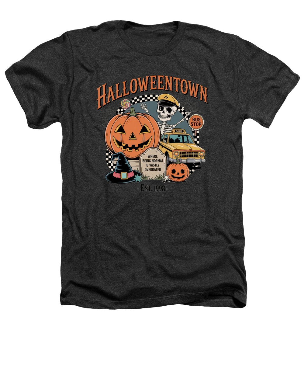 Charcoal heather T-shirt with Halloween graphic: skeleton, jack-o'-lantern, bus.