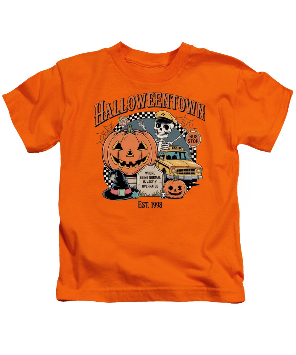 Kids Halloween graphic T-shirt in bright orange with crew neck and pumpkin taxi stop front print