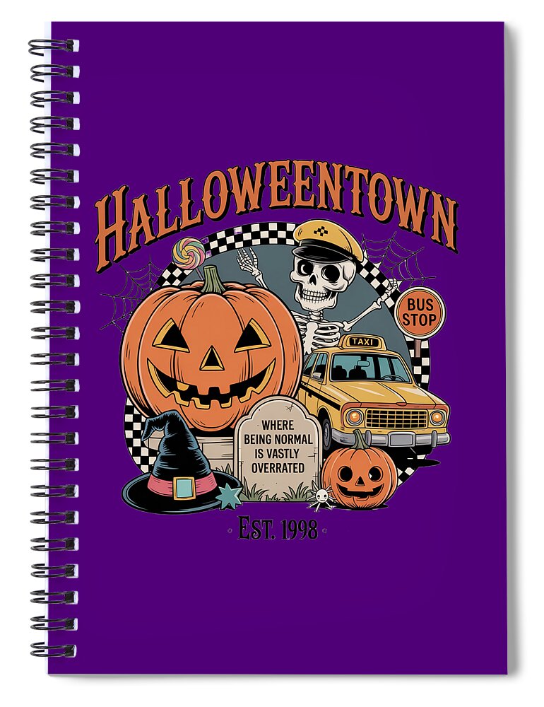Spiral notebook with purple Halloween cover, jack-o-lantern, skull, taxi stop graphics
