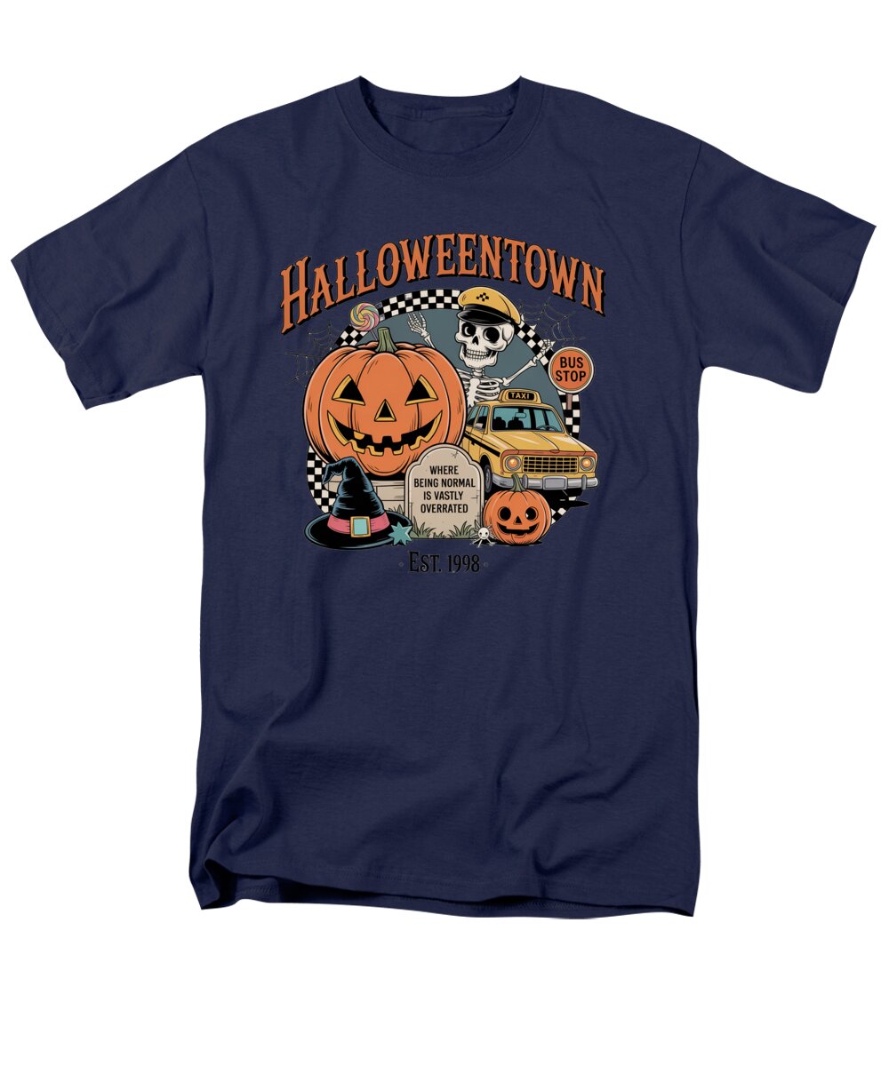 Men's navy graphic T-shirt with Halloween town text, pumpkin, and bus stop illustration