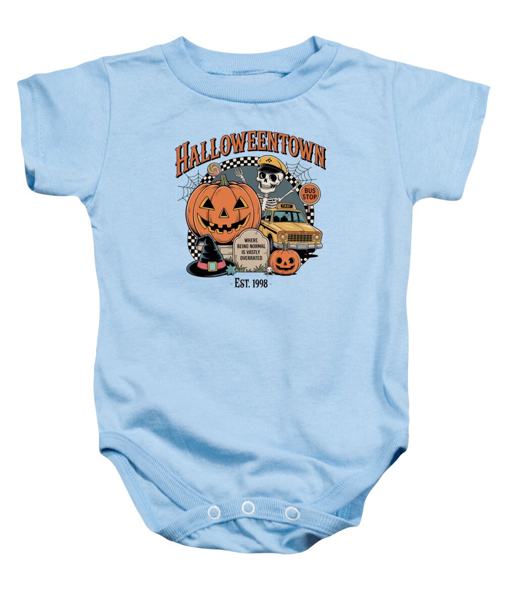 Baby short-sleeve onesie in light blue with Halloween town graphic and snap button legs