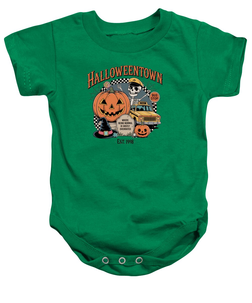 Baby short-sleeve onesie in green with Halloween town graphic and snap button legs