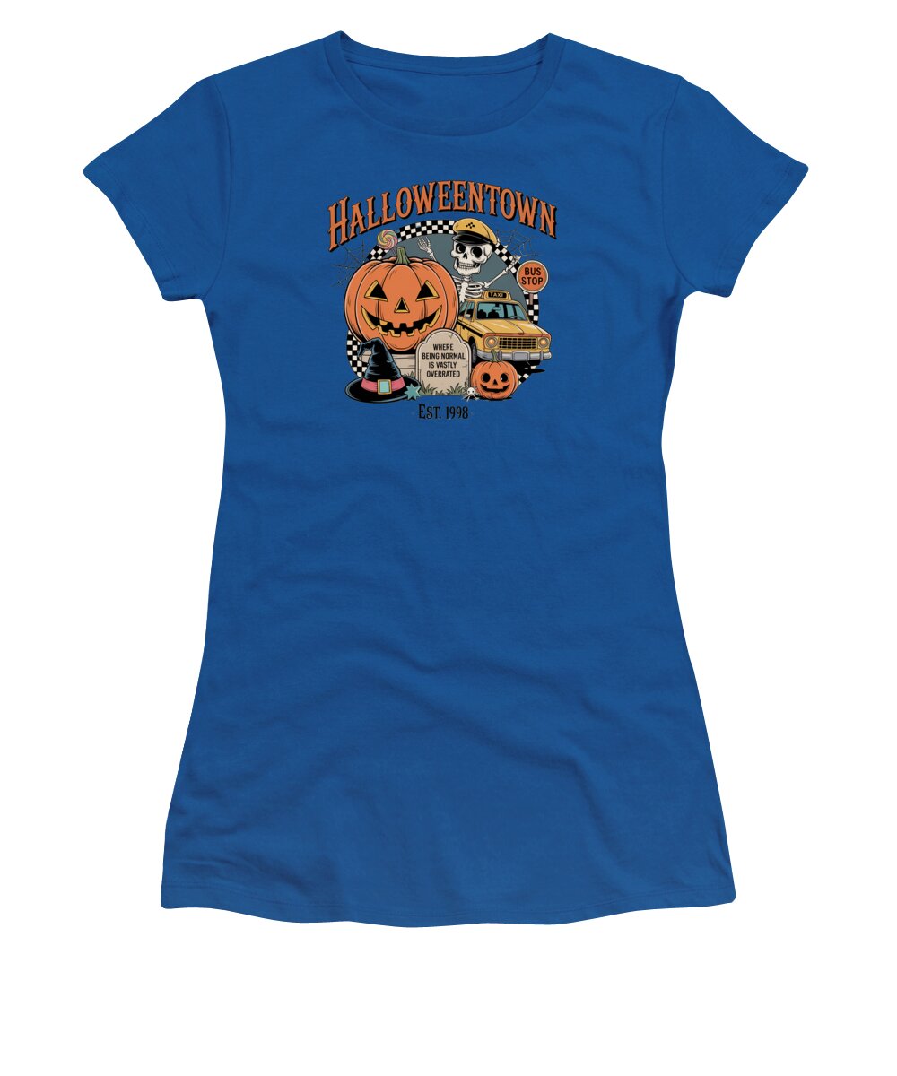 Women’s navy t-shirt with Halloween Town graphic and pumpkin taxi stop logo