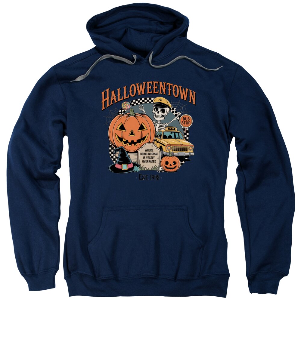 Navy hoodie sweatshirt with Halloween Town graphic on front