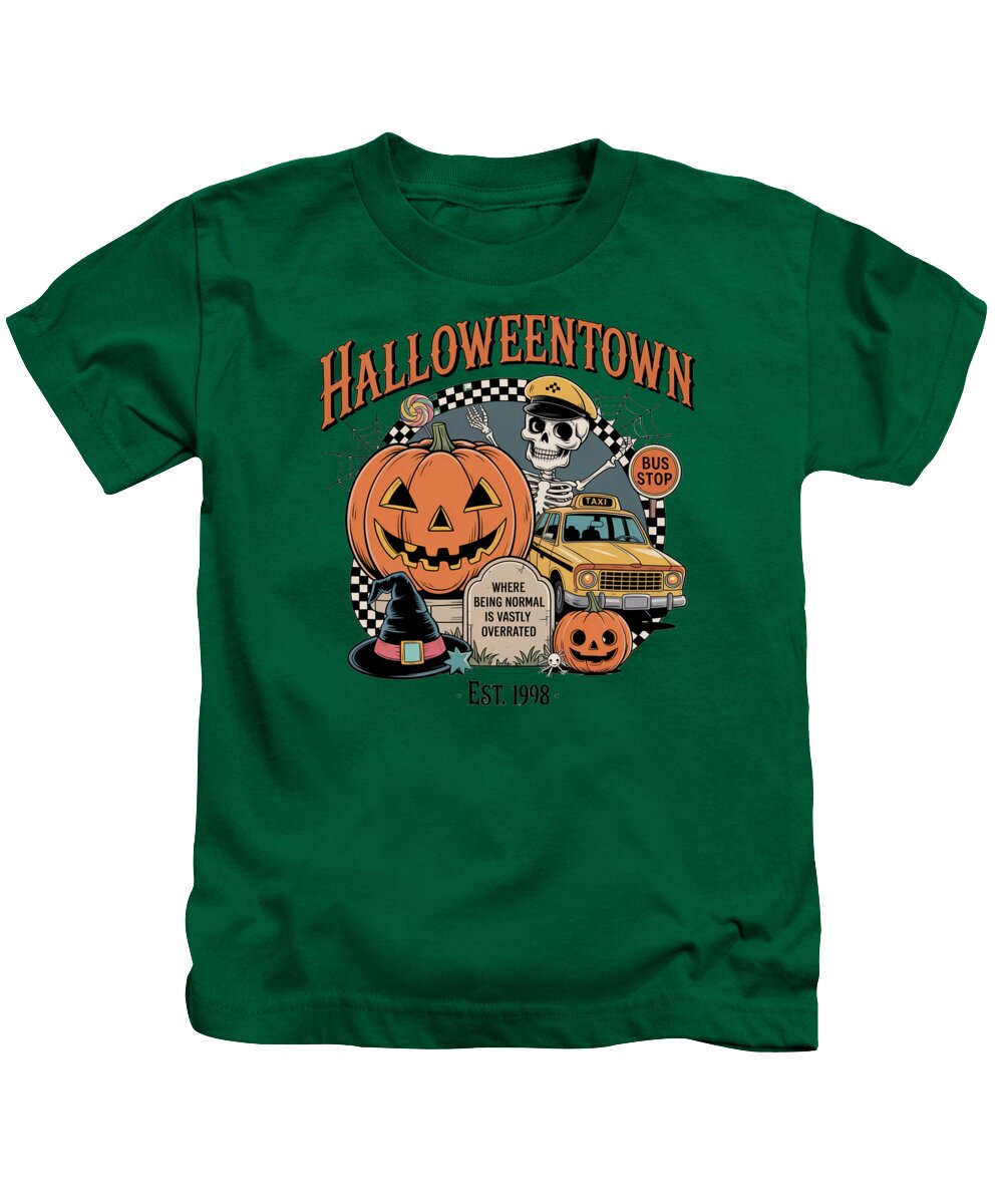 Kids Halloween graphic T-shirt in green with crew neck and pumpkin taxi stop front print