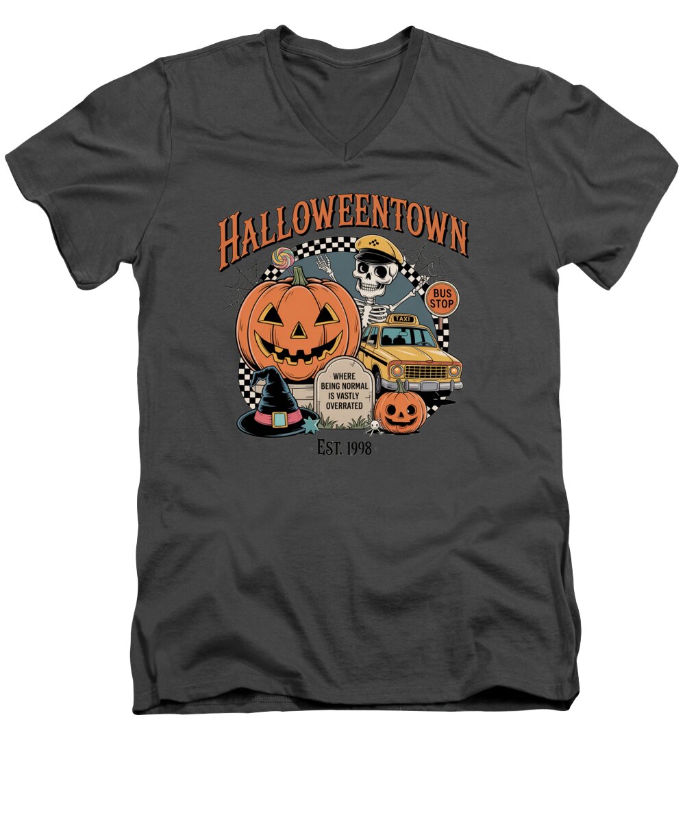 Men's V-neck T-shirt, charcoal gray, front Halloween Town graphic with pumpkin and taxi
