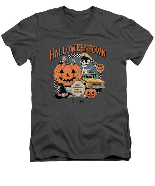 Men's V-neck T-shirt, charcoal gray, front Halloween Town graphic with pumpkin and taxi