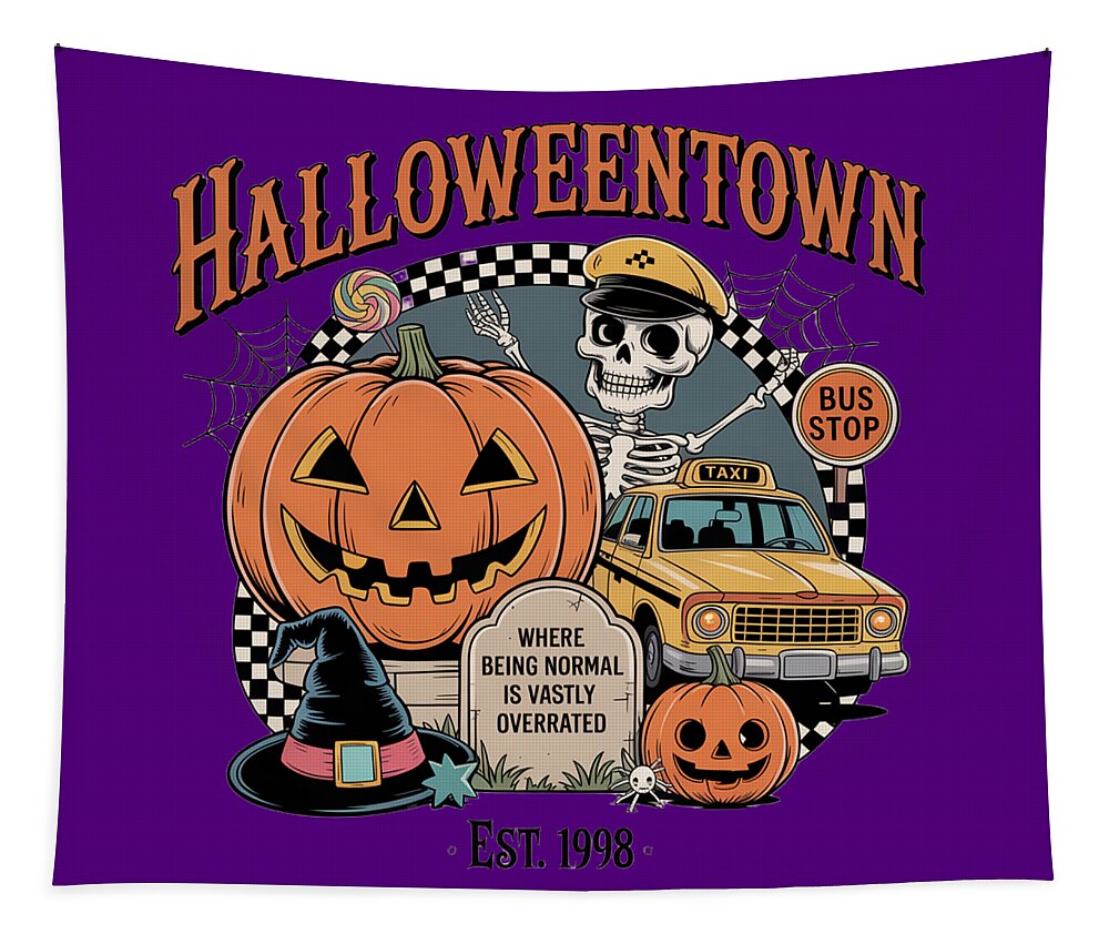 Purple Halloween tapestry with HalloweenTown title and taxi-stop, pumpkins graphic