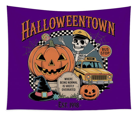 Purple Halloween tapestry with HalloweenTown title and taxi-stop, pumpkins graphic