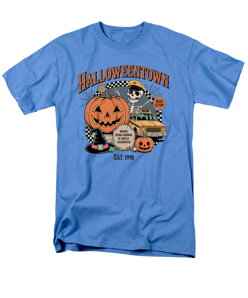 Men's light blue T-shirt with Halloween Town graphic of pumpkin, bus, and ghost