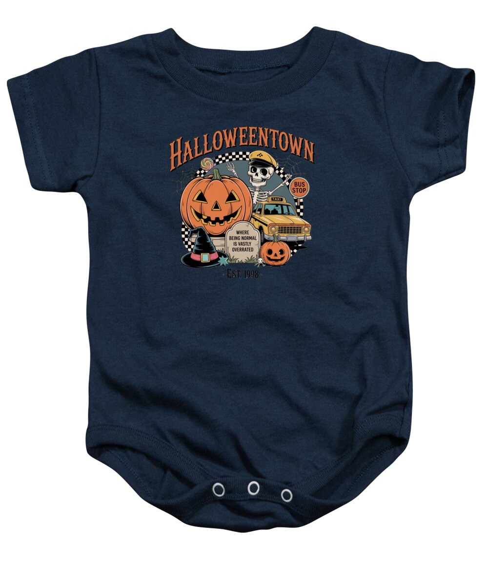 Baby short-sleeve onesie in navy with Halloween town graphic and snap button legs