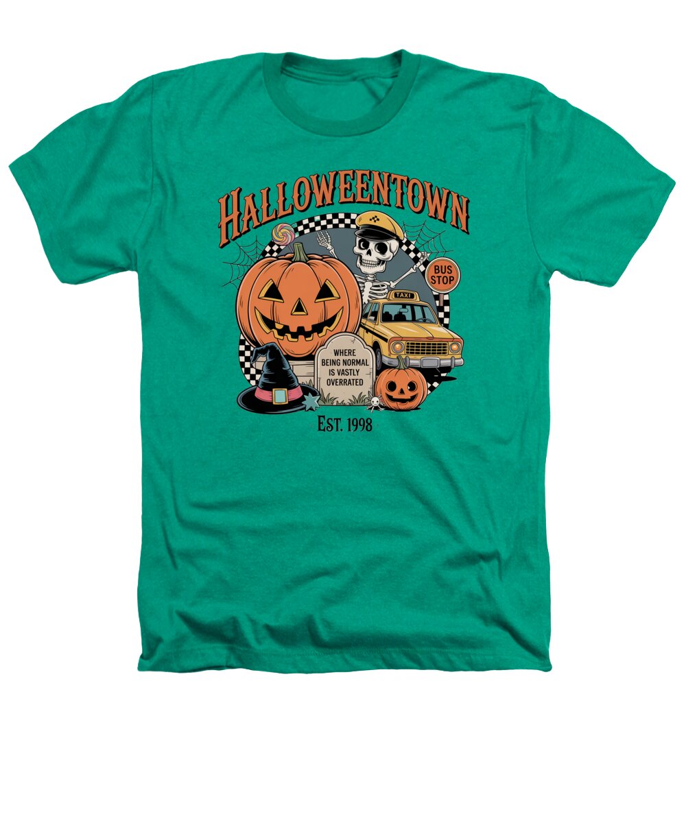 Kelly green T-shirt with Halloween graphic featuring skeleton, jack-o'-lantern, bus.
