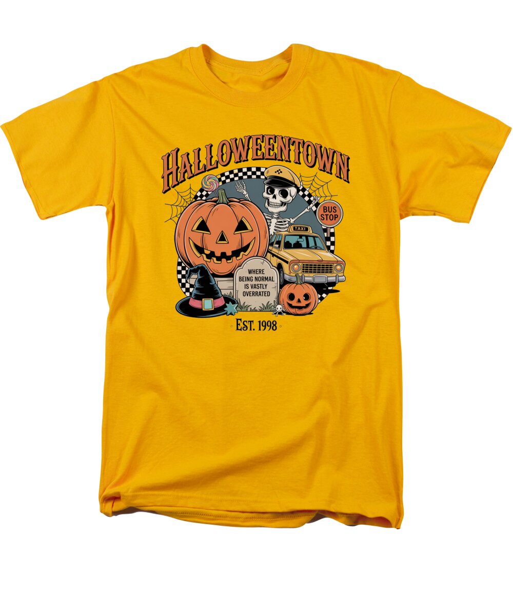Men's yellow T-shirt with Halloween Town graphic of pumpkin, bus, and ghost