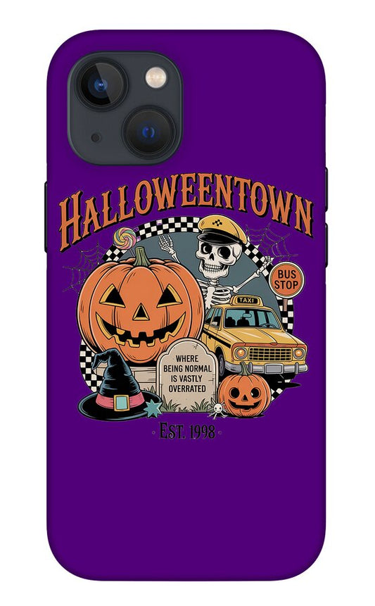 Purple phone case with Halloween Town graphic: skull, jack-o-lantern, bus stop, Est 1998.