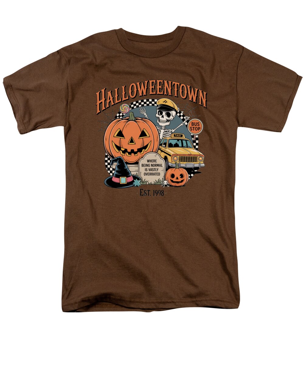 Men's brown T-shirt with Halloween Town graphic of pumpkin, bus, and ghost