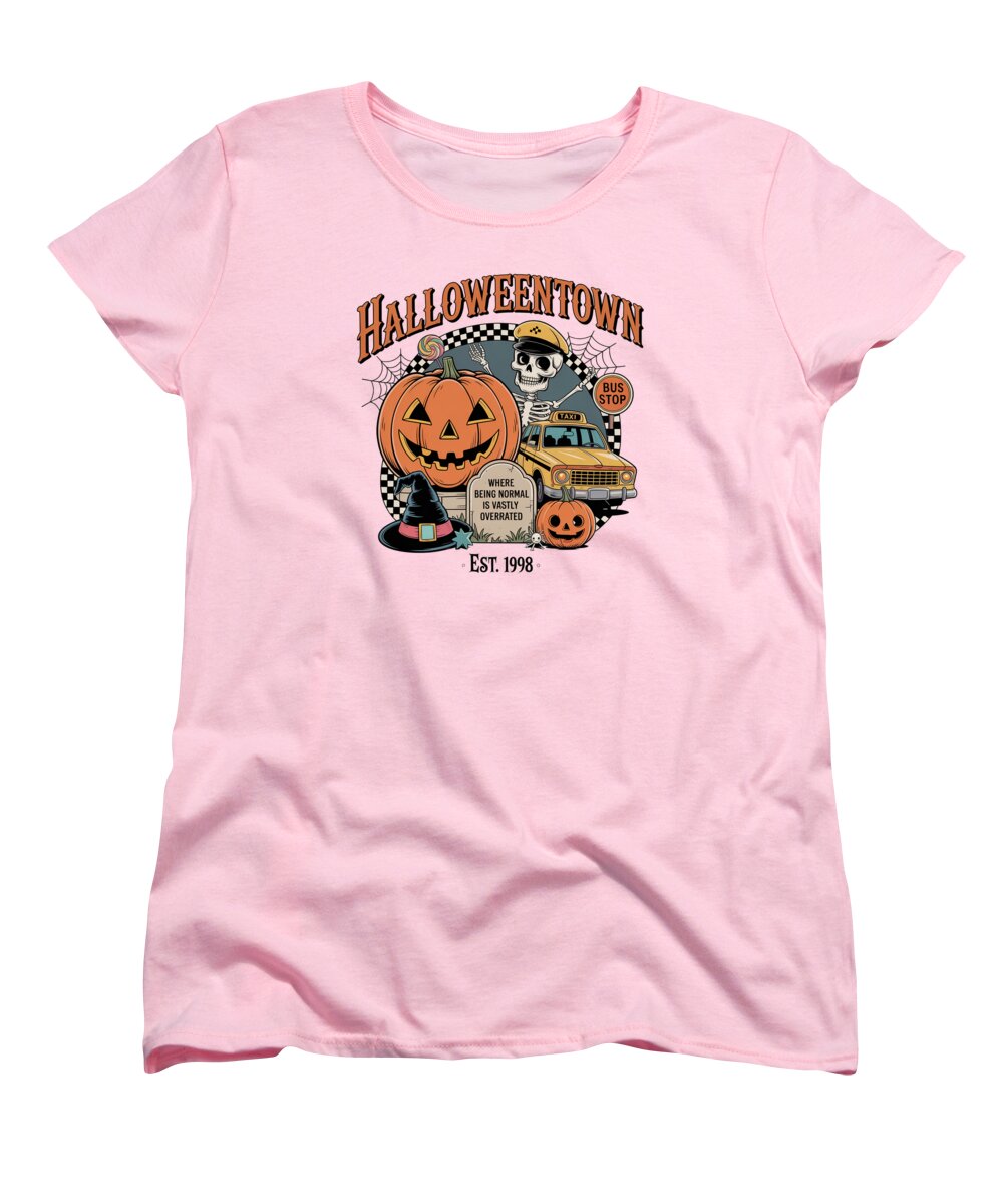 Women's pink T-shirt with Halloween Town graphic: jack-o'-lantern and taxi.
