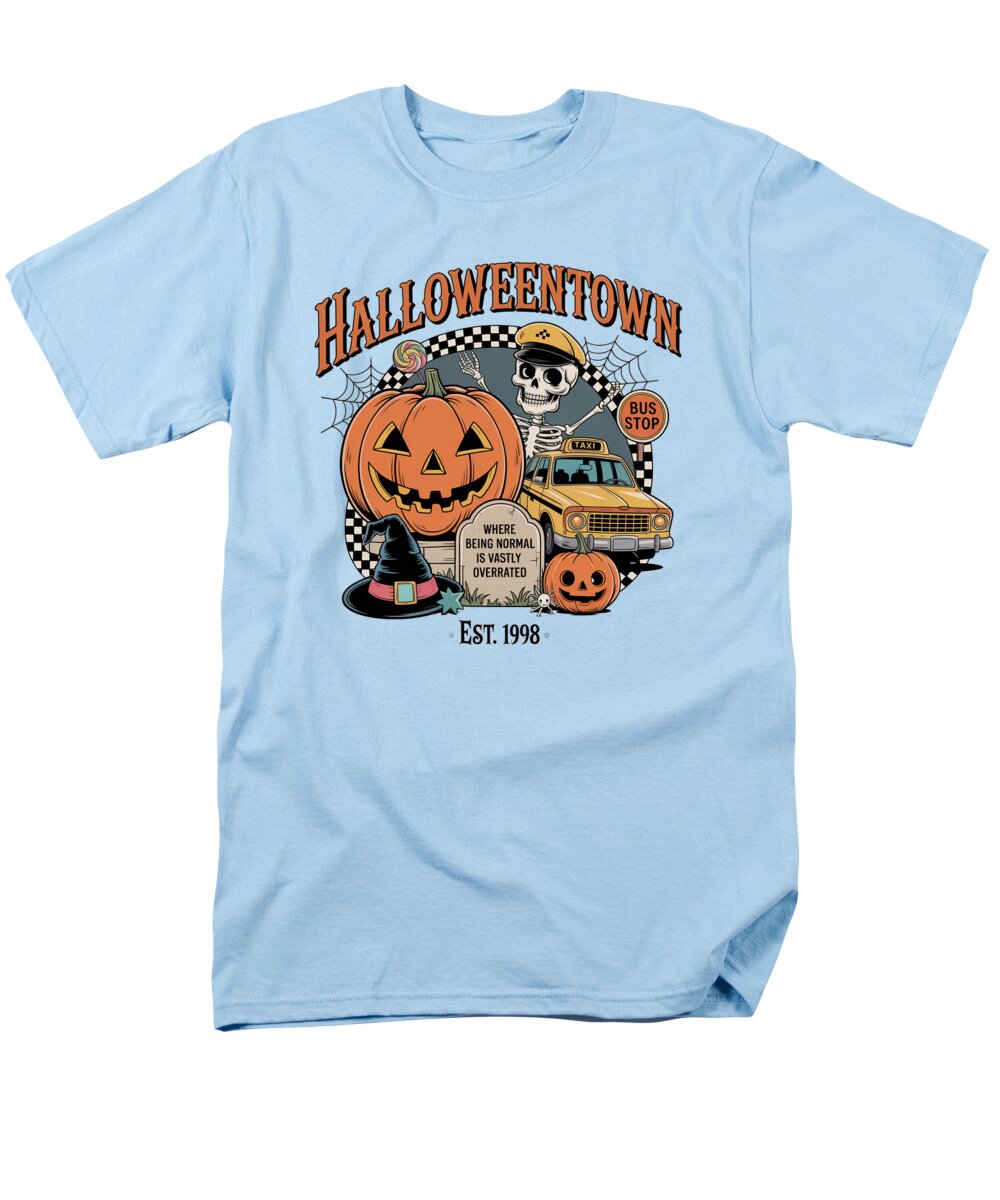 Men's light blue graphic T-shirt with Halloween town text, jack-o-lantern, and bus stop