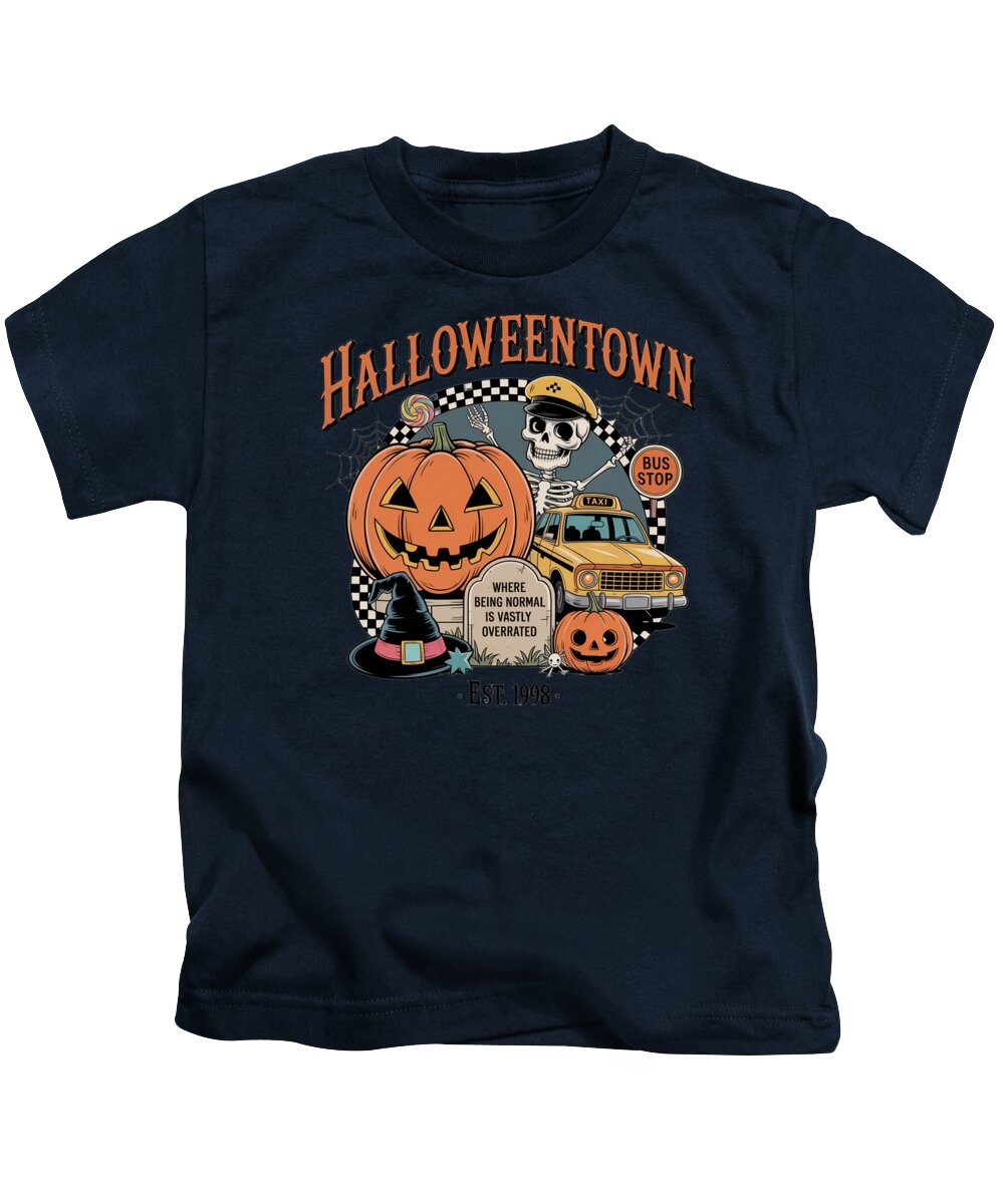 Kids Halloween graphic T-shirt in navy with crew neck and pumpkin taxi stop front print