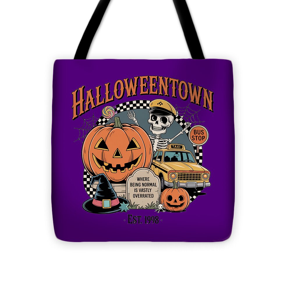 Purple Halloween Town tote bag, front print of jack-o'-lantern, taxi and bus stop sign.
