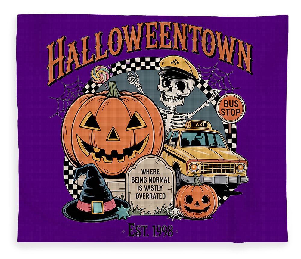 Halloween-themed plush fleece blanket, purple with cartoon pumpkin and taxi graphic