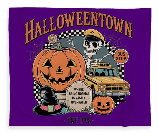 Halloween-themed plush fleece blanket, purple with cartoon pumpkin and taxi graphic