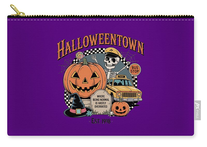 Purple HalloweenTown zip pouch with gold zipper and cartoon pumpkin and skeleton artwork