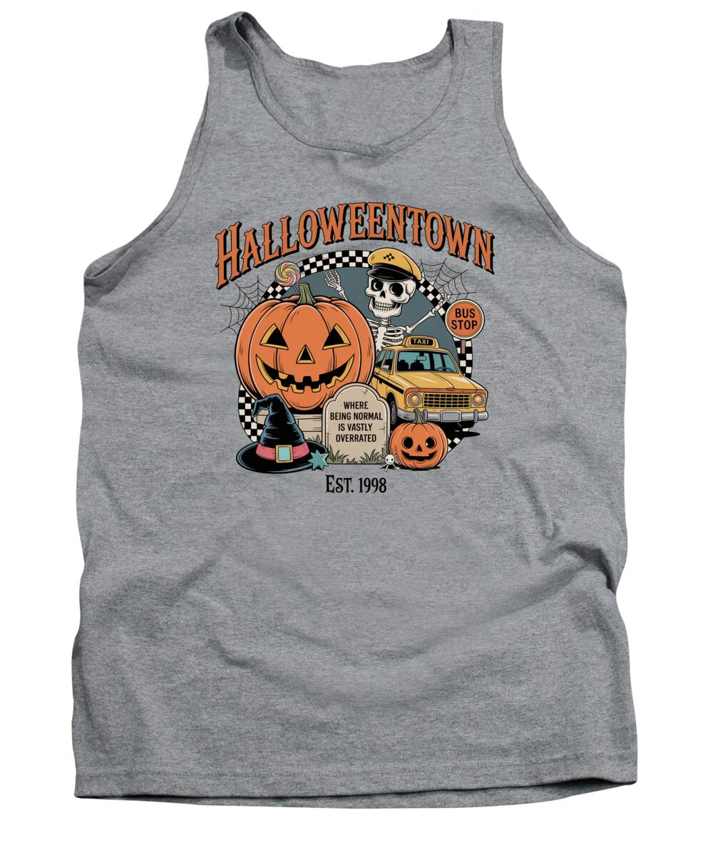 Heather gray tank top with crew neck; HalloweenTown graphic with bus, skull and pumpkins