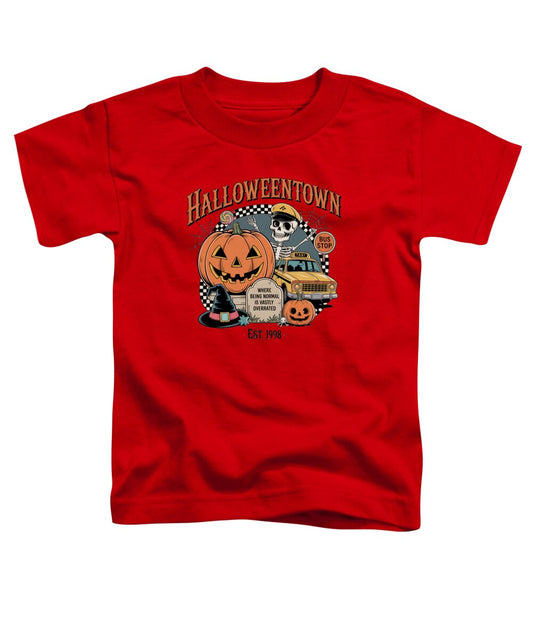 Toddler red T-shirt with HalloweenTown graphic, jack-o-lanterns and taxi illustration