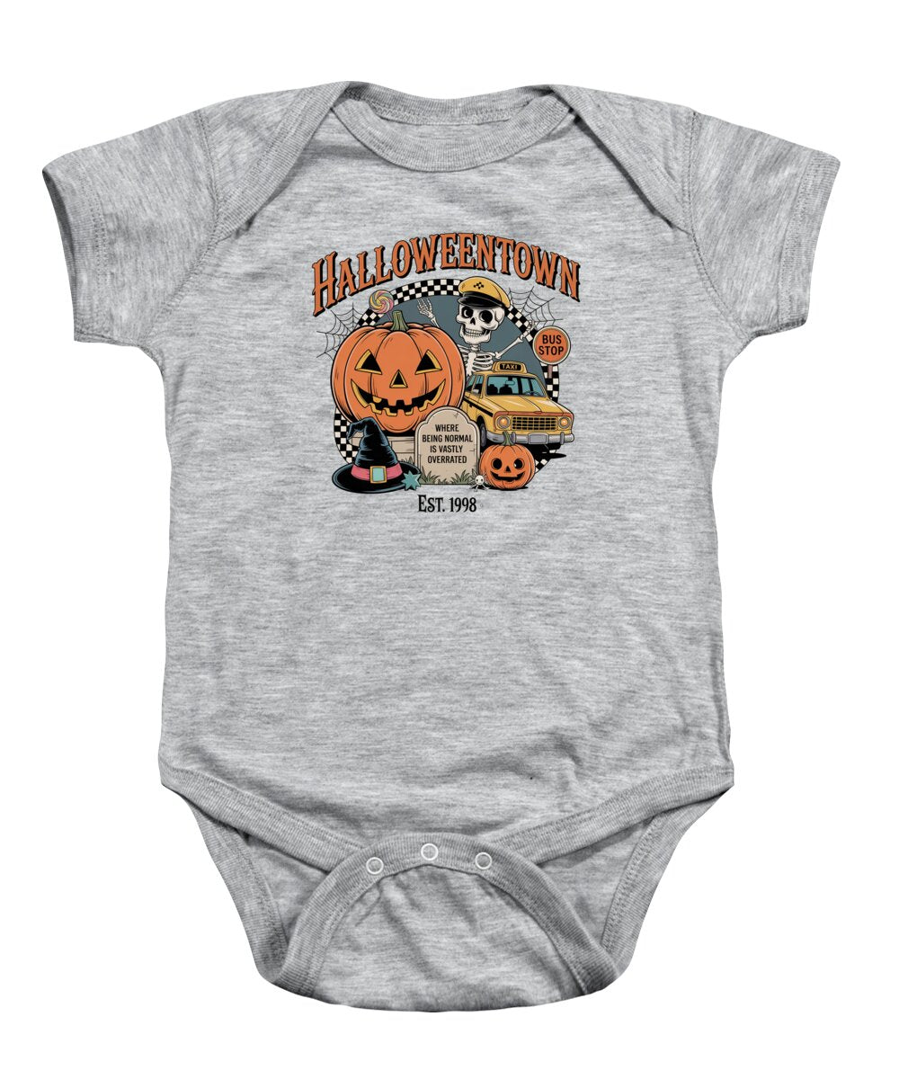Baby short-sleeve onesie in light gray with Halloween town graphic and snap button legs