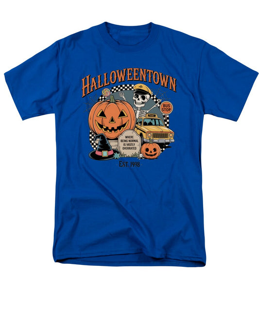 Men's blue T-shirt with Halloween Town graphic of pumpkin, bus, and ghost