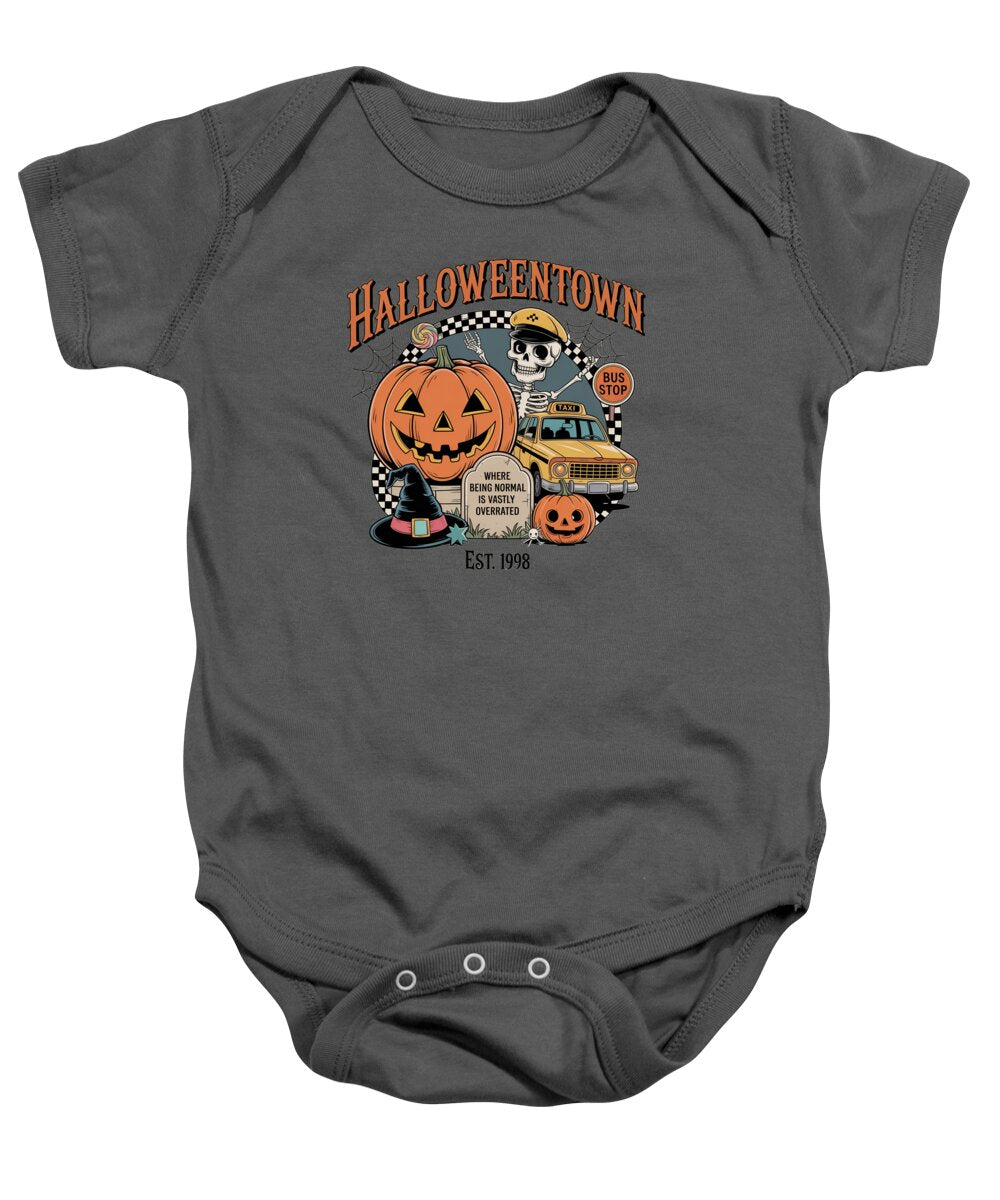 Baby short-sleeve onesie in charcoal gray with Halloween town graphic and snap button legs